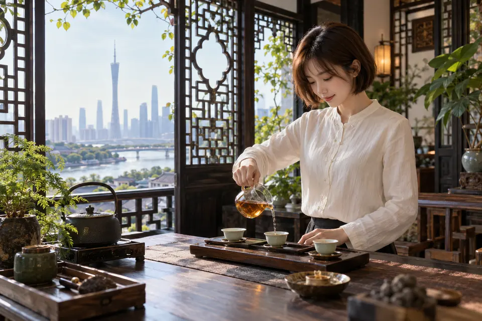 岭南花窗旁冲泡新茶的品饮空间，公道杯中茶汤清亮