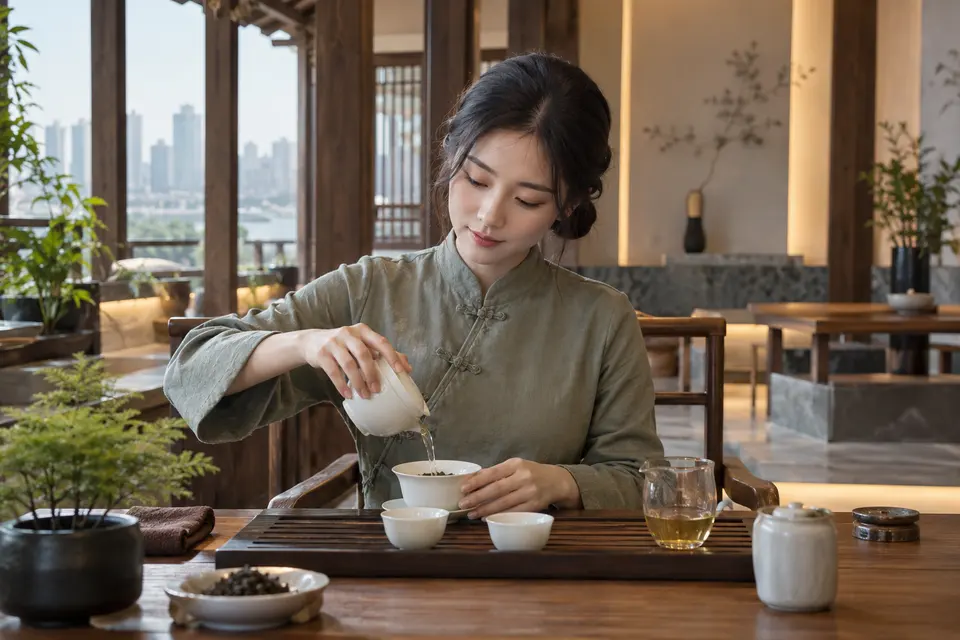 新中式茶席上的盖碗冲泡，热气缓缓升起