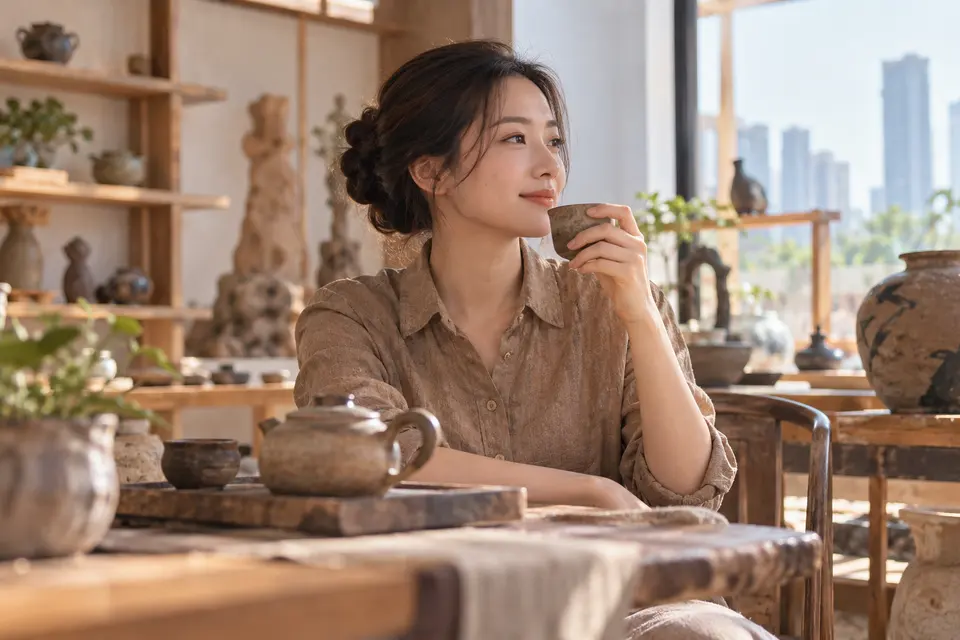 陶艺茶器工作室中的手作茶杯与茶具陈列