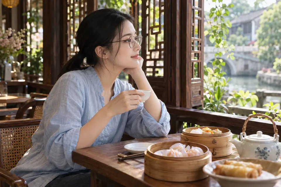 白瓷茶具旁的岭南茶点，摆盘简洁