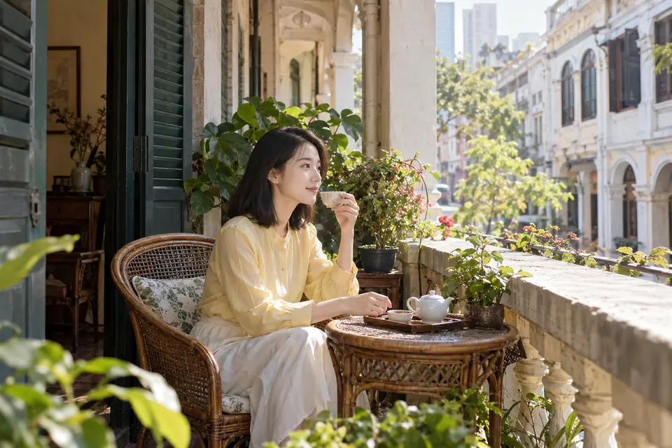 骑楼阳台清晨光线下的白瓷茶杯与休闲茶席